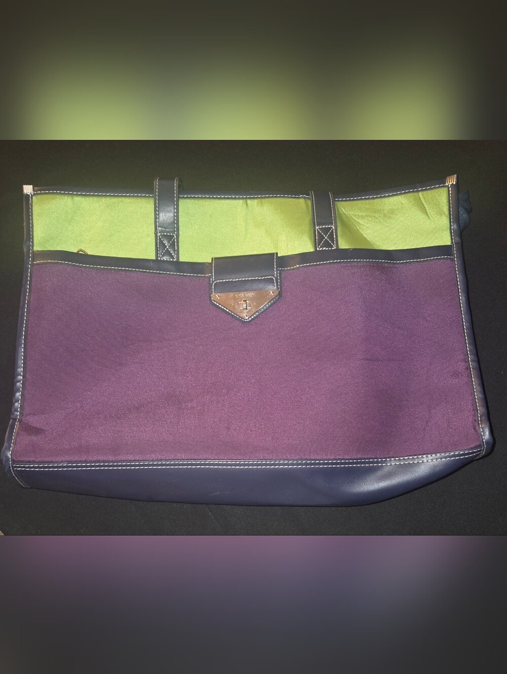 Nine West Purple Canvas Tote with Lime Interior and Navy Trim